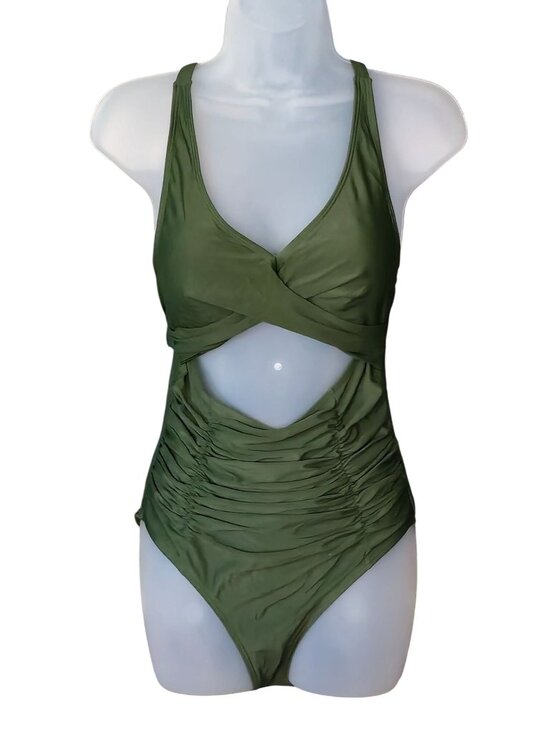Blooming Jelly Other - Olive Green Cutout One Piece Swimsuit M V Neck Cross Front Adjustable